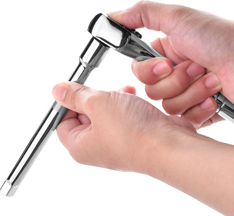 Hands holding 72-tooth pear head ratchet from 45 Piece Three Eighth Inch Drive Socket Set with hardened Cr-V steel, chrome plated