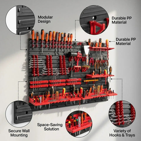 Kickass Wall Mount Pegboard Organizer Heavy Duty Plastic Parts Storage Rack For Garage Workshop Bin Holder Setup Includes Durable Hooks Clutch Hardware Accessories 45 By 30 Inch mounted on wall with tools organized.