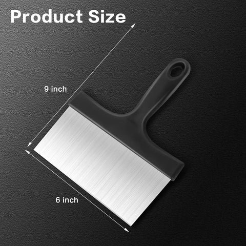 Heavy Duty Stainless Steel Grill Scraper 3 In 1 Griddle Scraper With Comfort Grip Handle, 9x6 inch size displayed on black background.