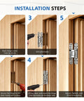 Installation steps for 2 Pack 6 Inch Hidden Door Hinges Heavy Duty Matte Silver Zinc Alloy in a wood cabinet.