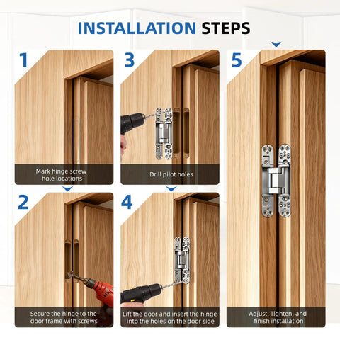 Installation steps for 2 Pack 6 Inch Hidden Door Hinges Heavy Duty Matte Silver Zinc Alloy in a wood cabinet.