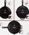 Three Cast Iron Skillet Set 8 Inch 10 Inch 12 Inch Pre Seasoned Frying Pans With Silicone Handle Grip Covers For Indoor Outdoor Use.