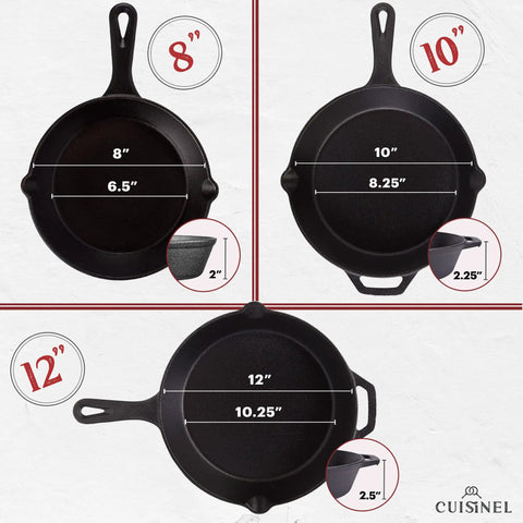 Three Cast Iron Skillet Set 8 Inch 10 Inch 12 Inch Pre Seasoned Frying Pans With Silicone Handle Grip Covers For Indoor Outdoor Use.