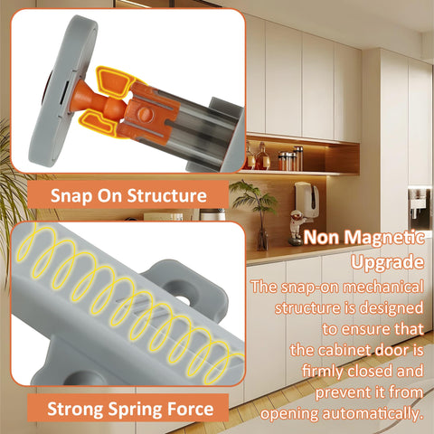 Push To Open Door Latch Kit 5 Pack Non Magnetic Heavy Duty Hidden Door Push Release showing snap-on structure and spring force