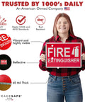 Person holding Heavy Duty Aluminum Fire Extinguisher Sign With Quick Install And Pre Drilled Holes, No Fuss High Visibility Reflective Fire Safety Sign 14 x 10 Inches, UV Resistant, Waterproof, Industrial Grade For Business