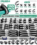 OURU 110-piece stainless steel cable clamps kit with rubber-coated clamps in clear case, front view, 10 sizes.