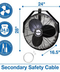 18 Inch Industrial Wall Mount Fan With Pivoting Head For Directional Airflow One Sixth Horsepower Powder Coated Steel Black Great For Garage Or Workshop front view with safety cable