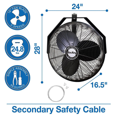 18 Inch Industrial Wall Mount Fan With Pivoting Head For Directional Airflow One Sixth Horsepower Powder Coated Steel Black Great For Garage Or Workshop front view with safety cable