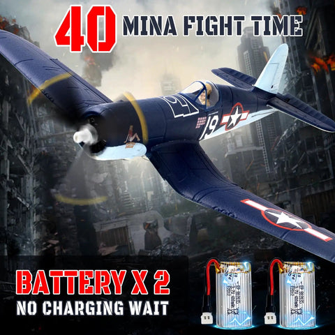 Brushless 4CH RC Plane With 500mm Wingspan F4U Fighter 6 Axis Gyro Three Flight Modes flying, two batteries shown below.