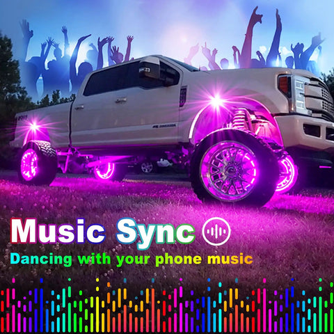 Truck with pink underglow using 8 Pod RGB Rock Lights for Trucks With APP Control and Remote Music Mode Let Your Ride Glow Bright Multicolor
