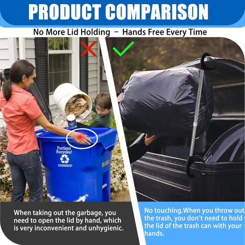 Product comparison showing Straight Up Stainless Steel Trash Can Lid Prop Keeps Your Garbage Bin Open For Spotless Hands Free Waste Sorting.
