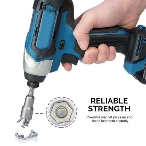 Magnetic One Quarter Inch Hex Shank Impact Nut Driver Set in use with impact driver, Cr V steel, 6 to 13 mm socket nut setters.