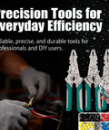 Person using 8 In 1 Electrician Pliers Set with Self Adjusting Wire Stripper Cutter and Crimp Tool next to assorted wire connectors.