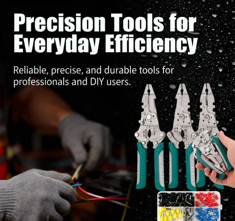 Person using 8 In 1 Electrician Pliers Set with Self Adjusting Wire Stripper Cutter and Crimp Tool next to assorted wire connectors.