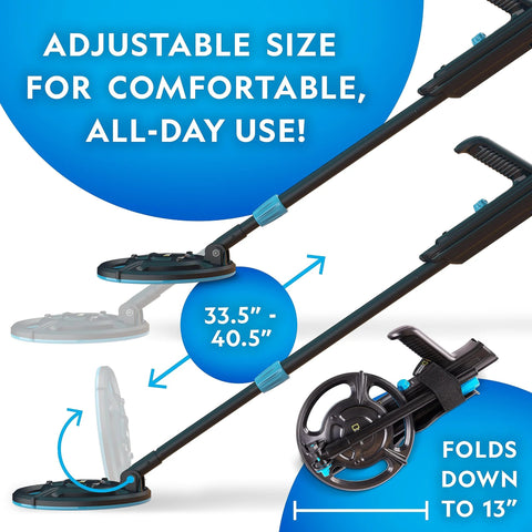 National Geographic Kids metal detector starter kit with 7.4-inch waterproof coil; adjustable height; folds to 13 inches; includes trowel