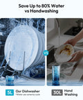 Portable Countertop Dishwasher Unit With Eight Quick Wash Cycles And Whisper Quiet Operation shown with water usage comparison.