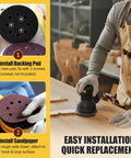 5 Inch 8 Hole Orbital Sander Pad Replacement Kit in use for DeWalt and Makita, showing installation and polishing process
