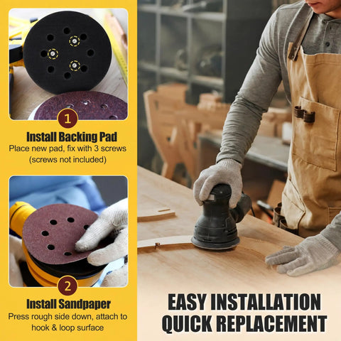 5 Inch 8 Hole Orbital Sander Pad Replacement Kit in use for DeWalt and Makita, showing installation and polishing process