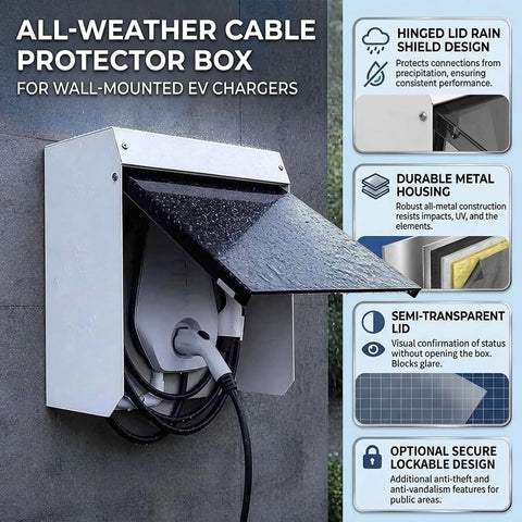 Built Different Outdoor EV Charger Enclosure Top Shelf Waterproof Rain Snow UV Guard mounted on wall with hinged lid open.