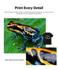 Close-up of a colorful frog against green leaves with a detailed t-shirt design, showcasing print quality and details.