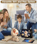 Family playing with 3D Wooden Globe Puzzle For Adults With Stand Illuminated Globe DIY Model Kit Built In LED Music And Starry Projector Epic STEM Gift For Adults And Teens Perfect Desk Display For Home Office Decor And A Fun Night Light That Sparks Curiosity And Travel