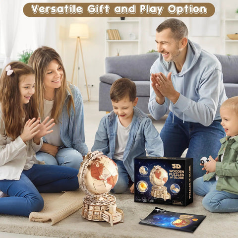 Family playing with 3D Wooden Globe Puzzle For Adults With Stand Illuminated Globe DIY Model Kit Built In LED Music And Starry Projector Epic STEM Gift For Adults And Teens Perfect Desk Display For Home Office Decor And A Fun Night Light That Sparks Curiosity And Travel