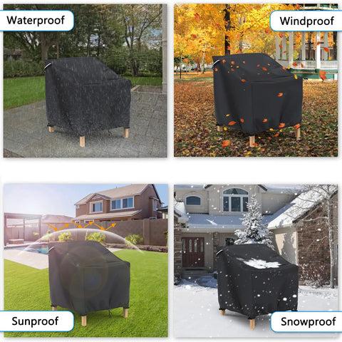 2 Pack Waterproof Patio Chair Covers For Outdoor Furniture Heavy Duty 600D All Weather Protection Built Tough 32W X 37D X 36H Fit Lounge Lawn Deep Seat Chairs Black in various weather conditions: rain, wind, sun, and snow.