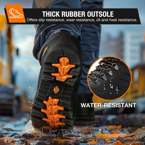 Close-up of Men's Steel Toe Work Boots Full Grain Leather With Oil And Slip Resistant Puncture Proof Construction, thick rubber outsole