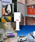 Built Tough Universal EV Charger Cover With Heavy Duty Mounting Post Waterproof Outdoor Steel Enclosure shows different angles and installations.