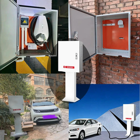 Heavy Duty EV Charger Protective Cover With Integrated Stand And Hella Secure Combo Lock Universal Weatherproof Charging Station Box in grey and white, shown mounted and in use.