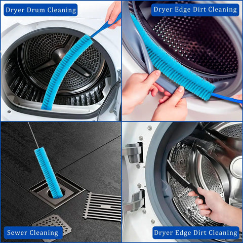 Dryer Vent Cleaner Kit With Universal Vacuum Hose Attachment used for drum, edge, and sewer cleaning showing blue brushes