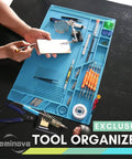 Pro Grade Large Soldering Mat 55x35cm Magnetic Silicone Work Surface for electronics repair with tools organized on top.