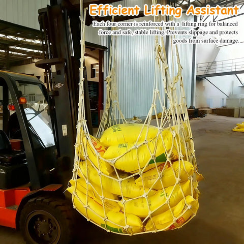 Heavy Duty Cargo Lifting Net 1.5x1.5m Hoisting Webbing, 2 Ton Load Capacity on forklift with yellow sacks