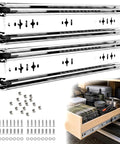 30 Inch Heavy Duty Side Mount Drawer Slides With 250 Lb Load Rating And Full Extension Pullout Rails For Pantries Garages And Rvs, chrome finish and accessories.