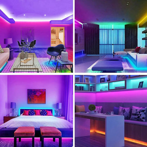 130ft Bluetooth RGB LED Strip Lights With App Control and Remote Music Sync in various home decor settings