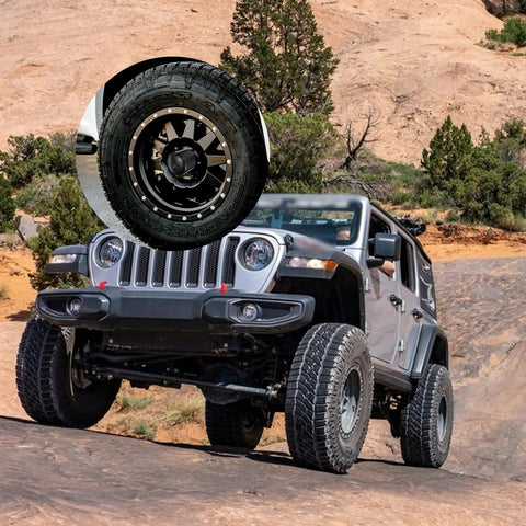 Jeep with off-road tires in desert terrain, inset shows close-up of wheel with 4 Pack Trailer Bearing Dust Caps 1.98 Inch Rubber Wheel Hub Caps For RV Snowmobiles