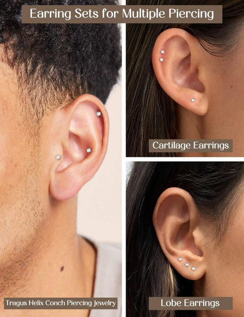 Six Pairs Tiny 2mm Stainless Steel CZ Stud Earrings Set For Men And Women, Multi Piercing Friendly Earring Kit For Lobe, Cartilage, Helix, Tragus, Snug, Second And Third Hole, With Easy Backings.