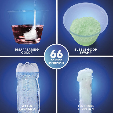 Collage of four science experiments from 66 Action Packed Science Experiments STEM Lab for Kids, featuring colorful reactions.