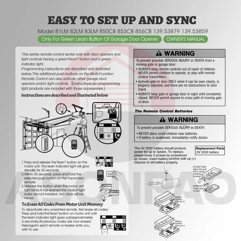 Two Pack Replacement Remote For Green Learn Button Garage Door Opener 139.53879 139.53859 For 1993 1995 And 1997 Models Controls Up To Three Doors Easy Install