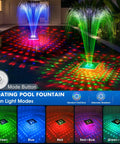 Solar Floating Pool Fountain With Lights 9.5 Inch Large Water Fountain With Anchor Kit for Pools showing light modes.