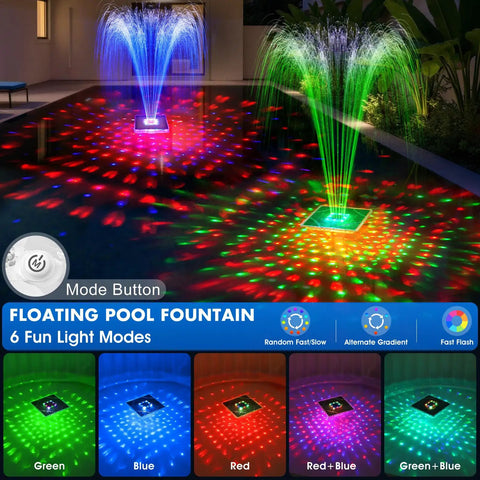 Solar Floating Pool Fountain With Lights 9.5 Inch Large Water Fountain With Anchor Kit for Pools showing light modes.