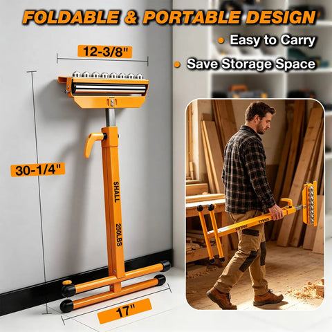 Badass Heavy Duty Roller Stand With 3 In 1 Adjustable Head And 250 Lbs Capacity Chrome Steel, foldable design shown with dimensions.