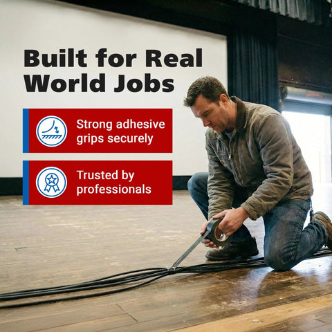 Man kneels on a wooden floor, applying black gaffer tape to secure cables.