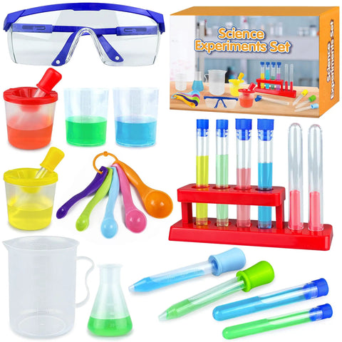 Hands On Science Lab Kit For Kids 24 Piece Educational Experiment Set with plastic test tubes, droppers, caps, and tube holder