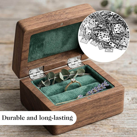 Open jewelry box with visible silver mini hinges, inset showing 100 pcs mini hinges set with 400 screws 10x8mm silver butt hinges