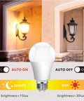 Automatic Dusk To Dawn Outdoor Light Bulb 9W Equivalent To 100W LED E26 A19 120V Cool White 6000K turns on at night, off by day.