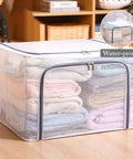 Huge 80L Foldable Storage Bins Organizer With Metal Frame And Durable Handles Clear And Gray 3 Pack For Clothes Bedding Toys