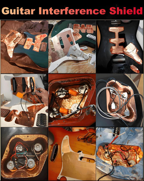 1/2-inch copper foil tape for EMI/RFI shielding; collage showing copper shielding applied to guitar bodies and electronics.