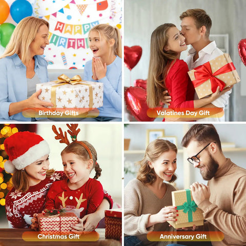 Four images showing people exchanging gifts for birthdays, Valentine's Day, Christmas, and anniversaries.