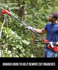Man using Cordless Pole Saw With 14 Foot Reach, 8 Inch Bar, 4.0Ah Battery And Charger Included, angled head for precise cuts